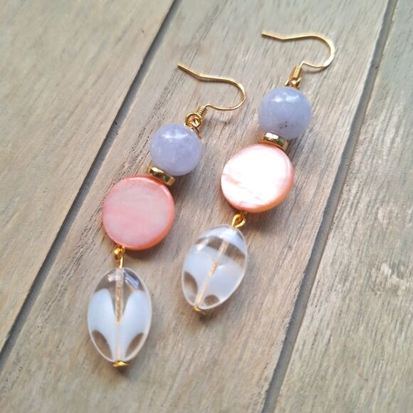 Mother of Pearl Aquamarine 18k Gold Dangle Earrings Boho Coquette Artsy Jewelry - Picture 2 of 9